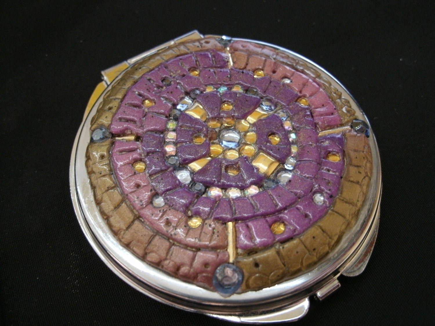 Purple and Gold Mosiac Compact Mirror with Rhinestone and Bead Accents - Beautiful