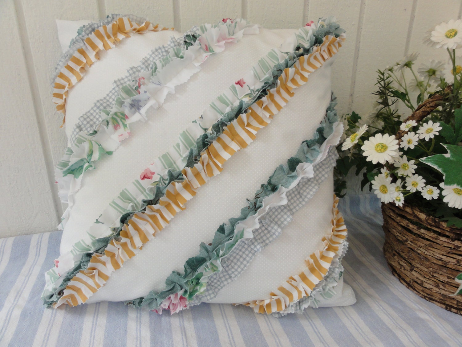 Chic Ruffled Pillow Cover - 16" x 16" - Handmade, White/Green/Pink/Teal/Gold, Envelope Style Closure