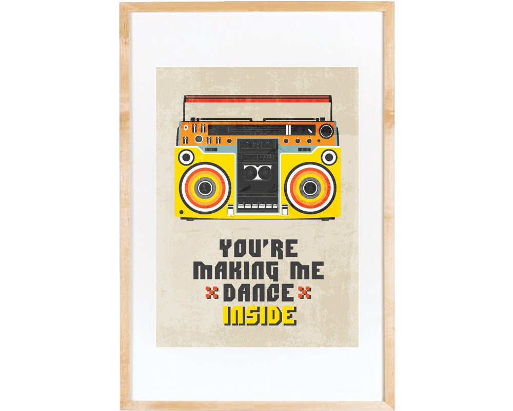 Music Art Typography print Illustration Poster in Yellow and Brown - You're making me DANCE, INSIDE- A3 poster - inspired from lyrics