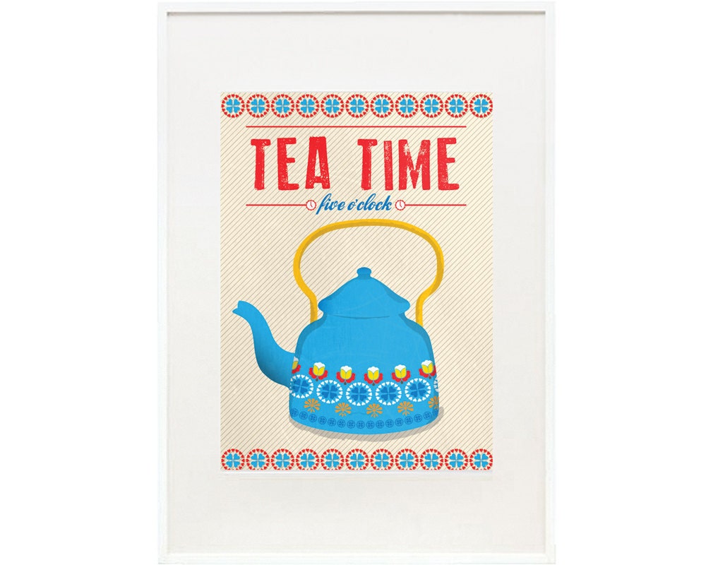 Art for Kitchen Word Print Illustration Poster in Blue - Tea Time - A3 poster print - Vintage Mid Century design