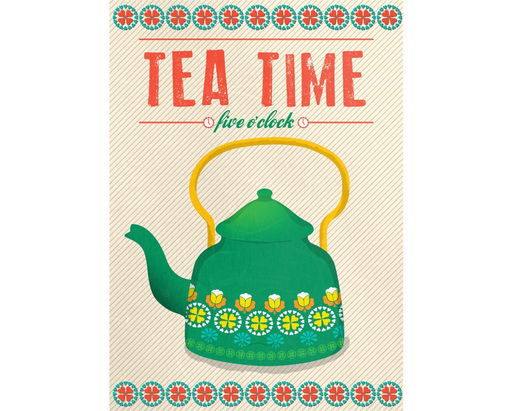 Art for Kitchen Word Print Illustration Poster in Blue - Tea Time - A3 poster print - Vintage Mid Century design