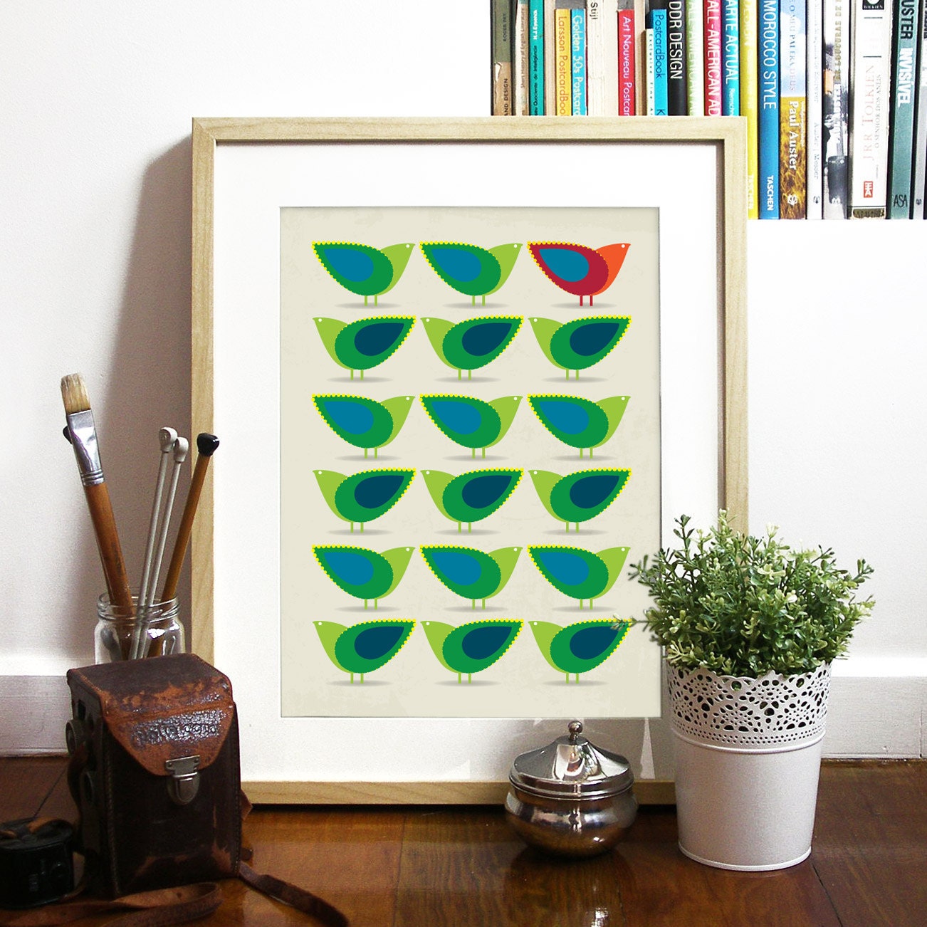 Mid Century design inspired Birds Illustration Print Art Poster in Green and Blue - A3 poster print - Cathrineholm art print poster