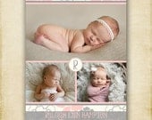 Pink and Gray Floral - Photo Birth Announcement - 4x6 or 5x7 - Printable