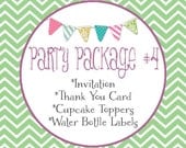 Party Package 4 - Invitation, Thank You Cards, Cupcake Toppers and Water Bottle Labels