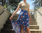 Vintage 70s Reconstructed Blue Floral High-Low Skirt