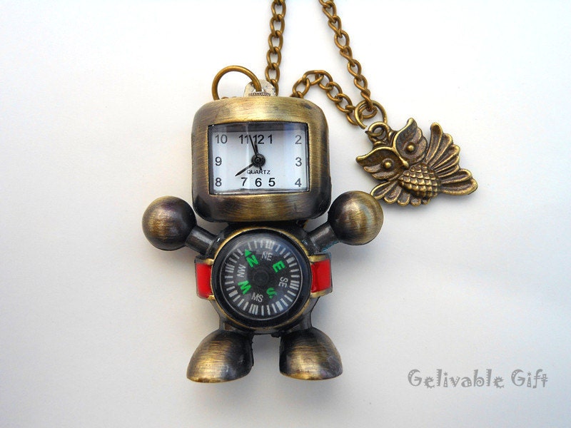 Antique brass  robot compass pocket watch necklace,with owl pendant NWR01