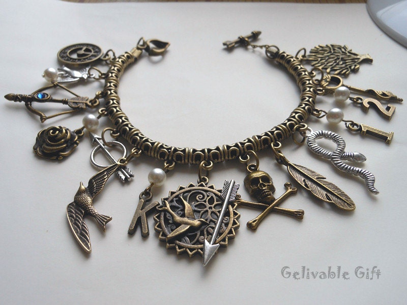 Steampunk HG Charm Bracelet,antique brass Mockingjay and Katniss's bow and arrow BHG03