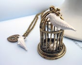 Antique Brass bird cage necklace.two white birds and heart lock pendent NBC01 - Gelivablegift