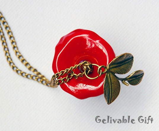 Red Apple Steampunk Necklace Half Eaten With antique brass leaf NA01L