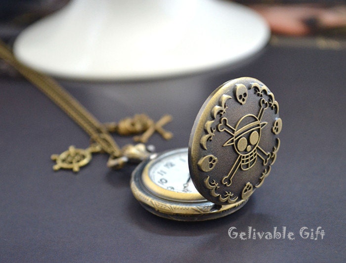 Anime One piece pocket watch necklace,Skull and rudder wheel pendant locket watch necklace NWHZ01