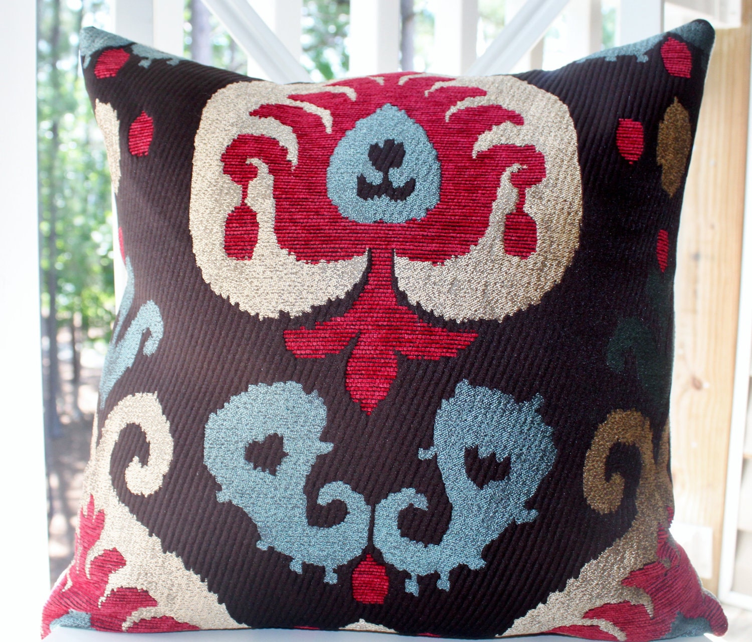 Decorative Pillow Cover - Gold Red Raspberry Brown Blue Modern Embroidered/Velvet Damask Designer Pillow Cover- Throw Pillow