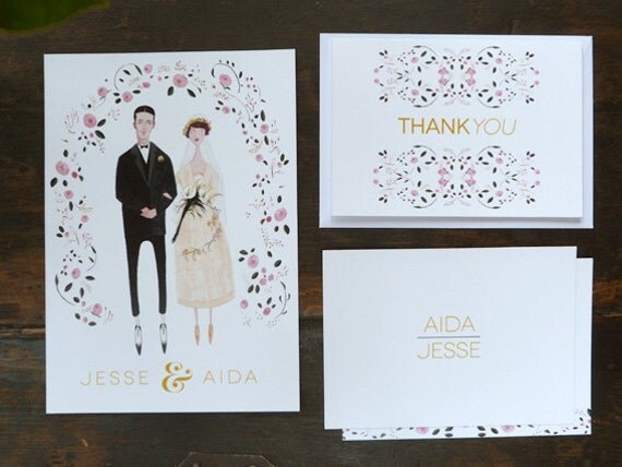 English Rose Custom Wedding Invitation, reply card, thank you card - Custom Portrait
