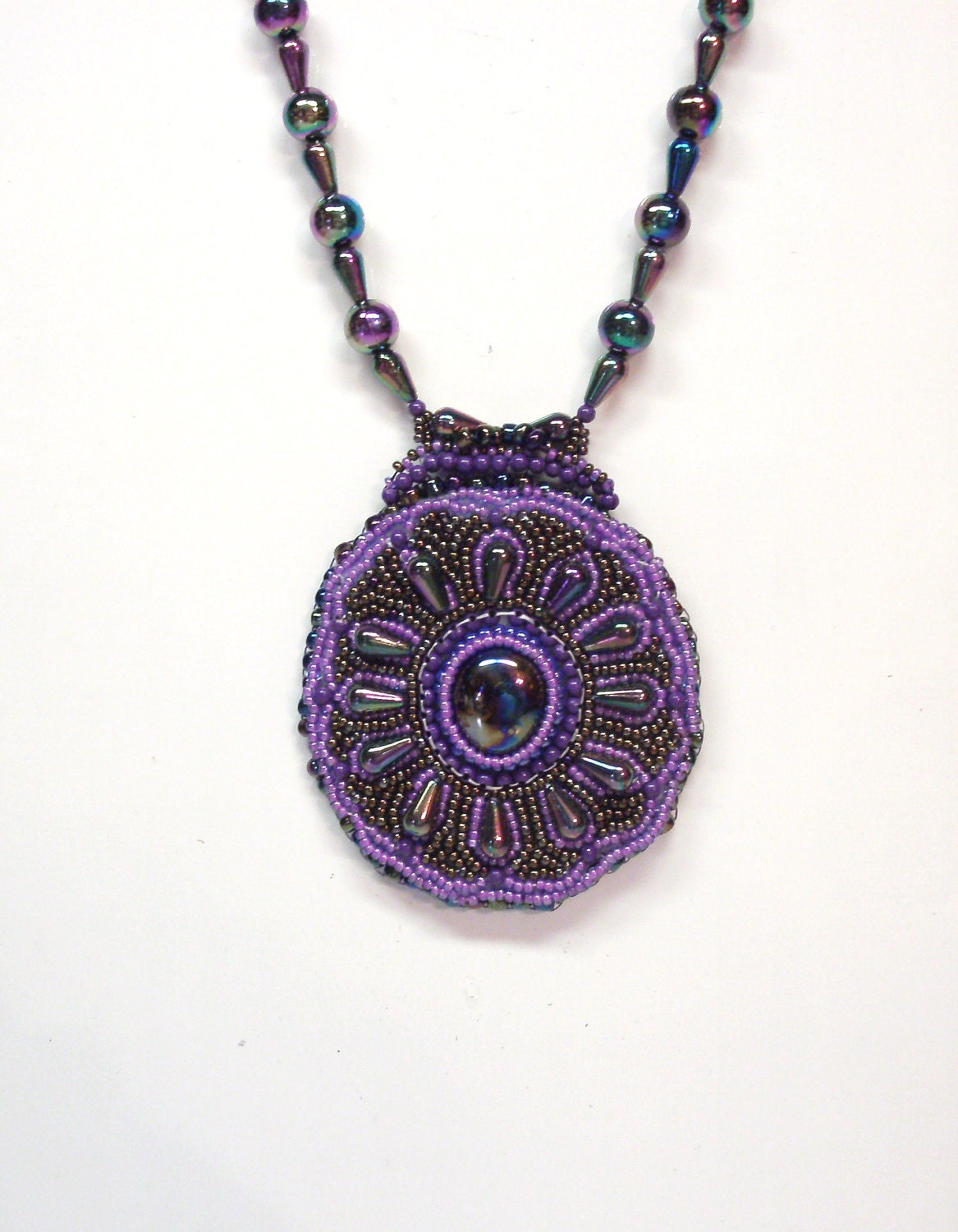 Handmade Bead Embroidered Necklace in Purples