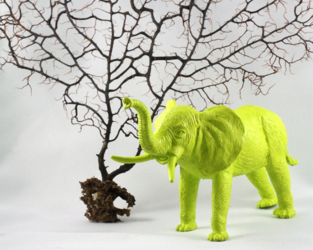 Chartreuse Elephant Miniature Figurine painted yellow green - stand him up at your work desk or home desk