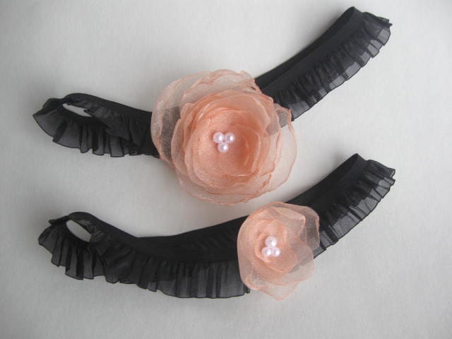 Abby- Black Ruffled Elastic with a Peach Tulle Flower and Pear Accents Garter Set