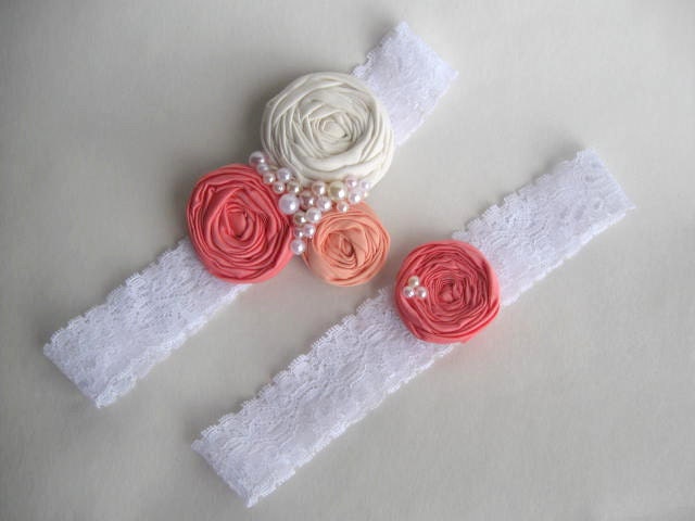 Hannah- Three Rosettes with Pearl Accents Customizable Garter Set