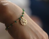 Monogram bracelet - Personalized gold plated sterling silver monogram with green onyx and gold plated silver chain - Expedited shipping