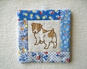 PATCHWORK WALL HANGING - hand lino printed Jack Russell Terrier, shade of blue