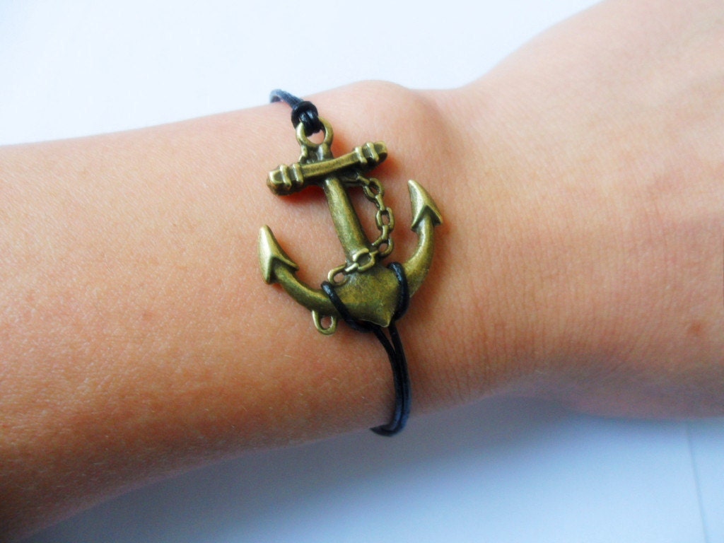 Jewelry bangle anchor wrist bracelet leather bracelet made of black leather and tan anchor bracelet cuff  SH-1434