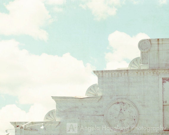 Art Nouveau Aztec Architecture - Fine Art Photography - 5 x 7 print - Cool Blue Sky - Shabby White Building - "Another Time"