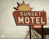 Retro Motel Sign - Fine Art Photography - 5 x 7 print - Rusty Red Orange Neon Road Sign - Atomic 50s - "Sunset Motel"
