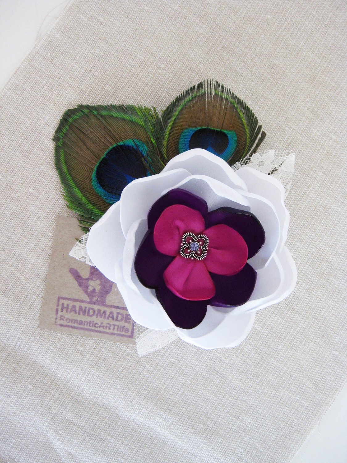 Bridal Hair Peacock Clip Flower Hair Clip. Wedding Accessory with Pink & Purple Center. White Wedding Flower Clip. Bridal Flower Hair Clip.