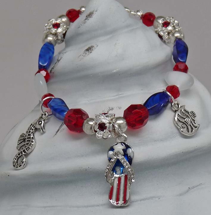 PATRIOTIC BEACHGIRL 1:   8" Hand Beaded Red White Blue July 4th USA Bracelet Accessory Gift