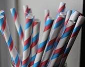 25 Red Blue and White Striped Paper Straws and Printable Flag Toppers