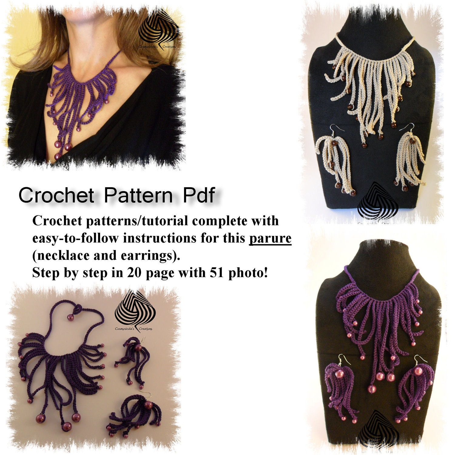 Crochet pattern complete for parure (necklace and errings) "Fringe", with easy to follow instructions, 51 photo for 20 page