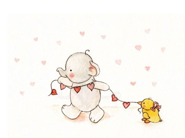 Childrens Art Elephant and Duck watercolour PRINT 5 x 7......I love you Cute Love Happy Red yellow Sweet Boy Girl Friends