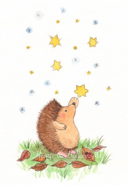 Childrens Art Hedgehog watercolour PRINT 5 x 7 Catching a star Stars Garden Wildlife Woodland Happy Cute Boy Girl