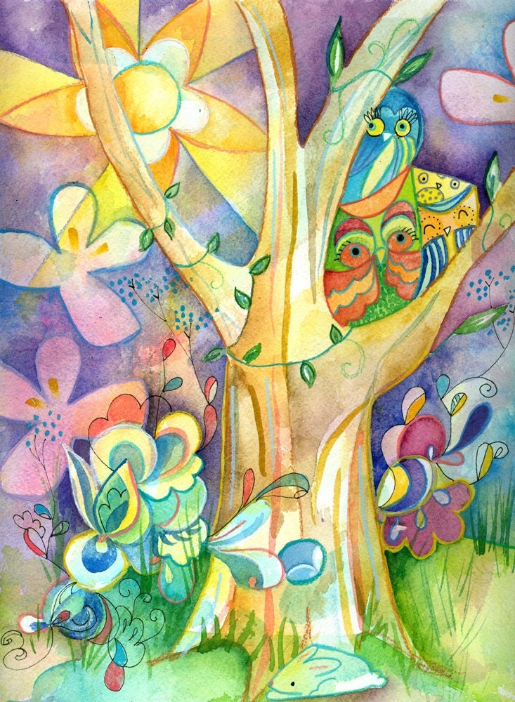 Where the Day Takes You -  Watercolor owls Original Lauren Alexander 9x12