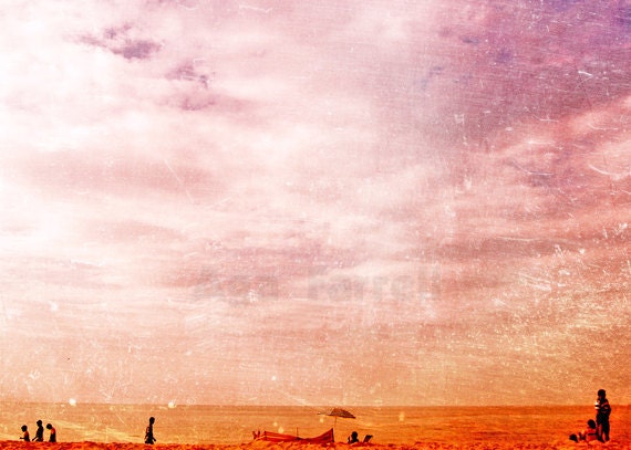 Retro Art Print, Beach Art - Sun Searching - Retro Photograph, Sunny Day, Tangerine Orange Sand, Wisteria, Purple Sky, 8x12