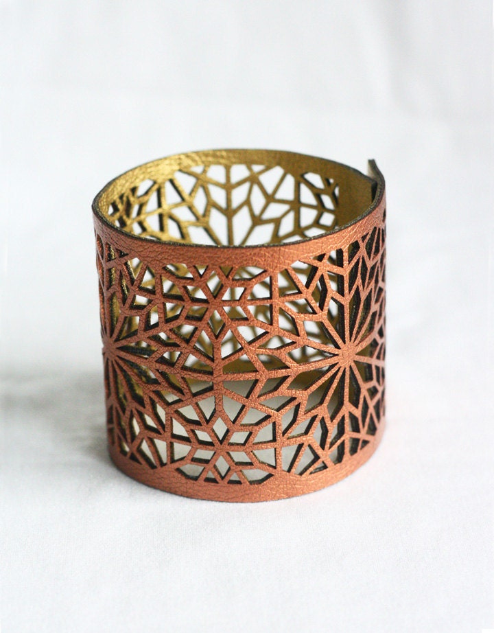 Geometric Laser cut Copper & Gold Faux Leather Cuff (Moroccan Zellij inspired)