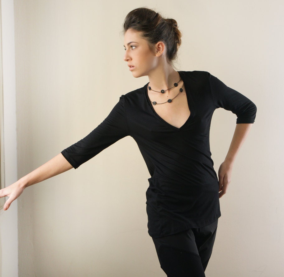 Open Back Top Black, 3/4 Sleeve Top, Women Shirt