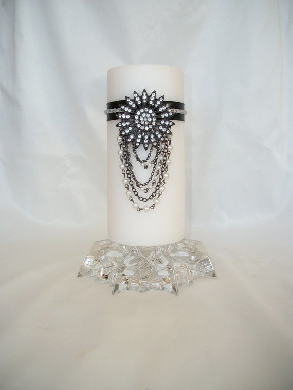 Decorative Scented White Pillar Candle, Rhinestone & Pearl Medallion, Rhinestone Chain, Black Satin Ribbon