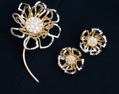 Sarah Coventry ALLUSION Aurora Borealis Rhinestone Floral Goldtone Brooch and Earring Set