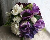 Purple Tulip Bouquet, Hydrangea and White Gardenias with Groom's Boutonniere - Wedding Bouquet - Bridal Bouquet - Purple Bouquet
