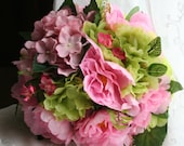 Peony Bouquet - Pink Bridal Bouquet of Peonies, Cherry Blossoms, and Hydrangea with Groom's Wedding Boutonniere