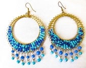 Turquoise Blue Earrings, Hoop Earrings, Royal Blue, Beaded, Wire Wrapped, Big Hoop Earrings, Blue Earrings, Blue Gold, Dangling, Lightweight