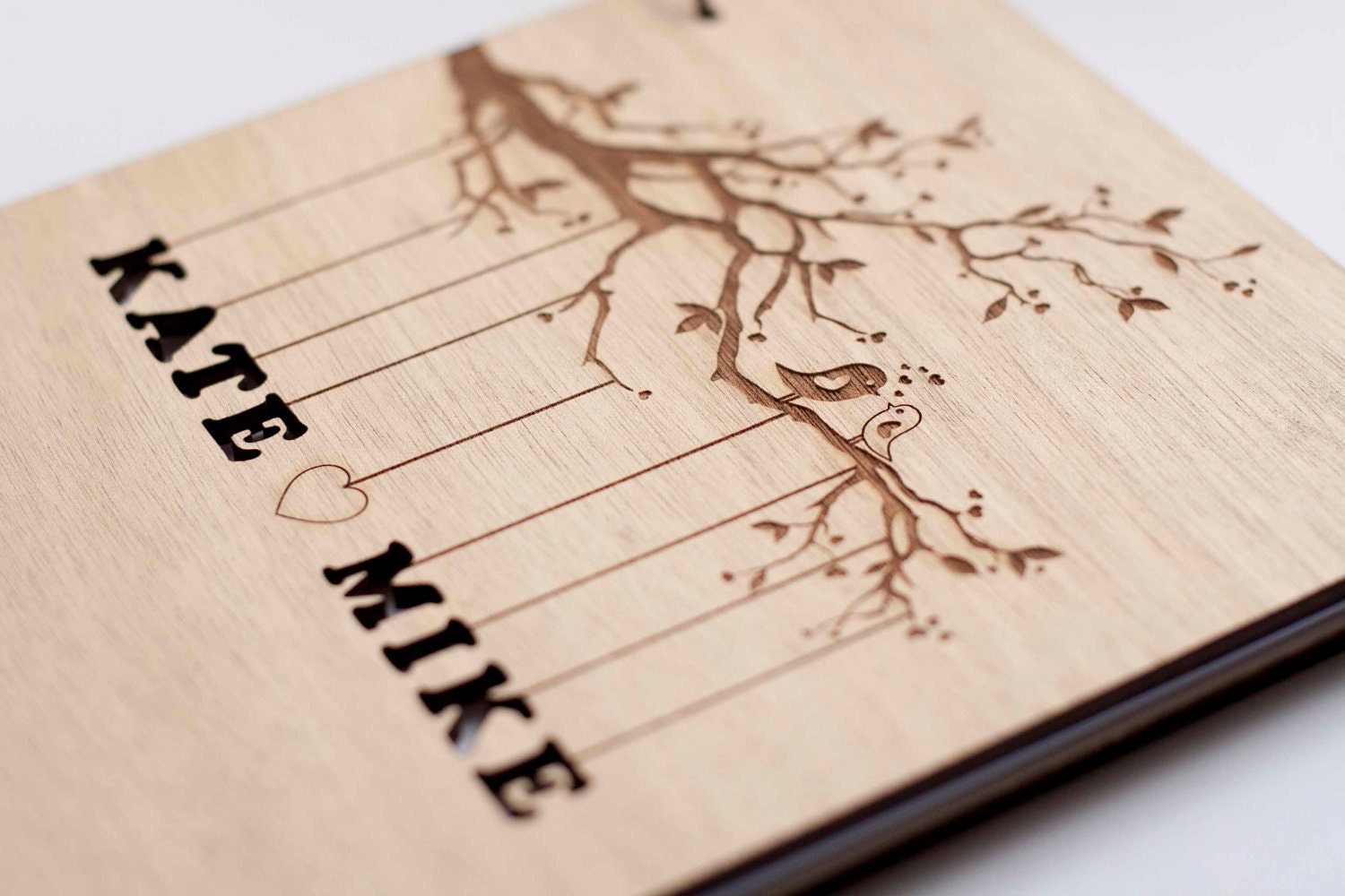 Custom Wedding guest book wood rustic wedding guest book album bridal shower engagement anniversary- "Love Birds, Tree"