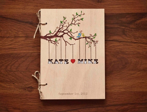 Custom Wedding guest book wood rustic wedding guest book album bridal shower engagement anniversary- "Love Birds, Tree" - Hand painted