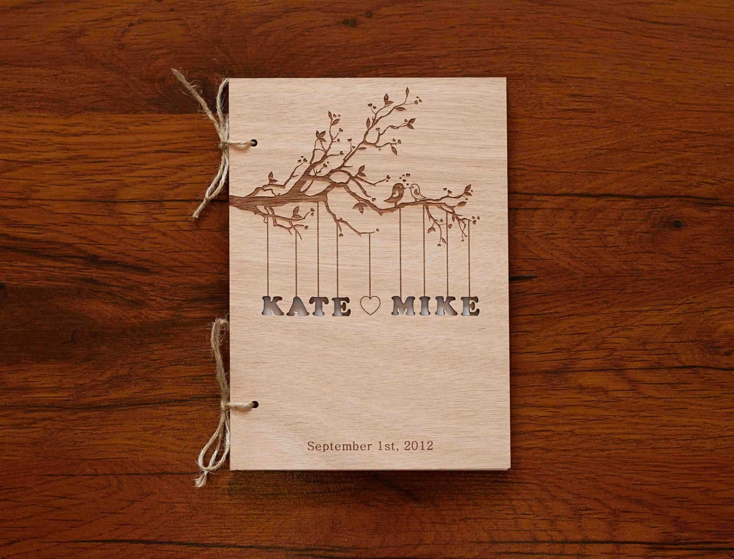 Custom Wedding guest book wood rustic wedding guest book album bridal shower engagement anniversary- "Love Birds, Tree"