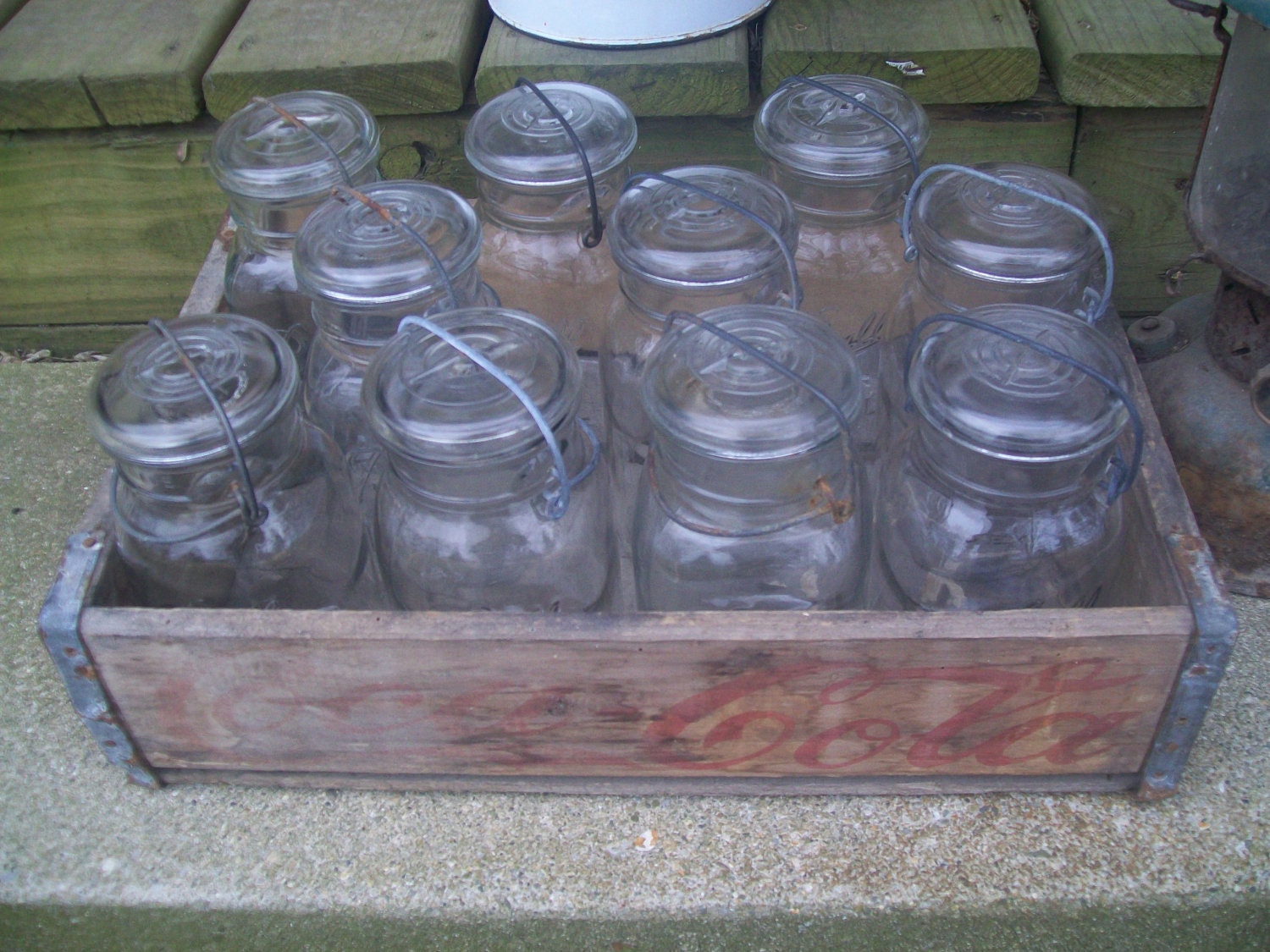 6 Vintage Quart Sized Ball Ideal Jars with Wire Bails and Glass Lids