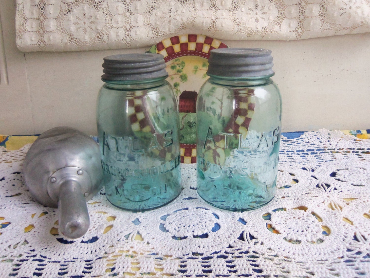2 Vintage Blue Mason Jar Set Aqua Colored Quart Sized Atlas Strong Shoulder with Zinc Lids