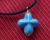 Turquoise Glass Cross with Gold Plated Filigree Bead Caps