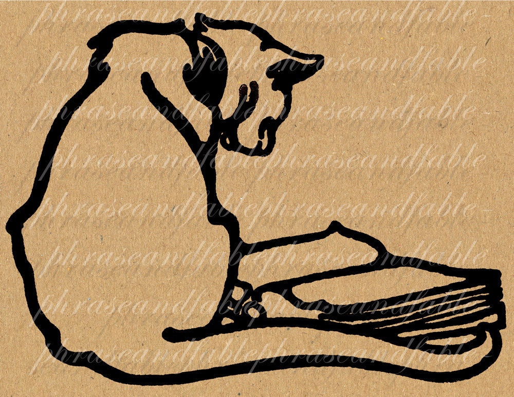Curious Cat 052 Digital Download Iron On Transfer Clip Art Cat Book Reading Animal Intelligence Kitty Feline Literature