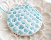 SALE - Porcelain Disk Pendant - Turquoise and White Gloss - Mermaid Scales