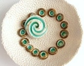 SALE - Porcelain and Glass Pebble Pendant - White and Emerald Green - Spiral Wave