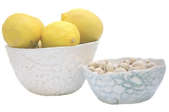 Lace Porcelain Bowls Set of 2 In White and Turquoise READY TO SHIP